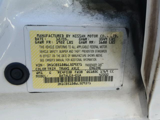 3N1CB51D86L509371 - 2006 NISSAN SENTRA 1.8 WHITE photo 10