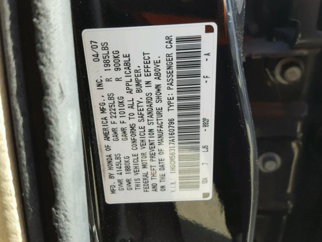 1HGCM56317A160796 - 2007 HONDA ACCORD SE BLACK photo 10