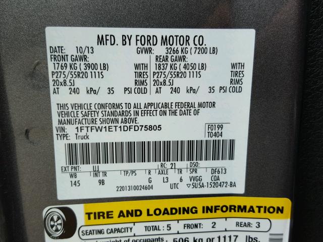 1FTFW1ET1DFD75805 - 2013 FORD F150 SUPER GRAY photo 10