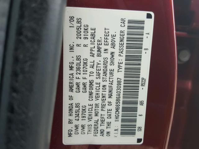 1HGCM66586A030987 - 2006 HONDA ACCORD EX MAROON photo 10