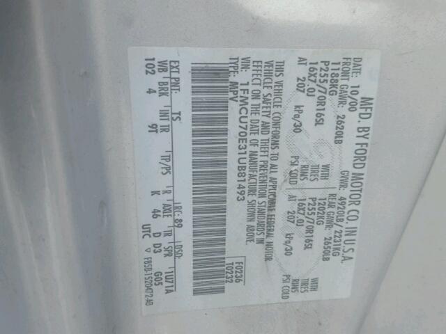 1FMCU70E31UB81493 - 2001 FORD EXPLORER S SILVER photo 10