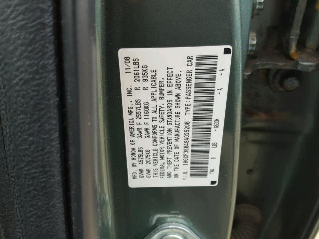 1HGCP36849A025208 - 2009 HONDA ACCORD EXL GREEN photo 10