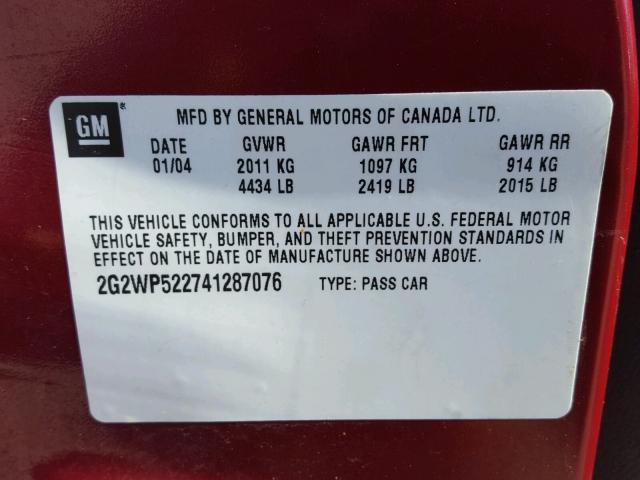 2G2WP522741287076 - 2004 PONTIAC GRAND PRIX RED photo 10