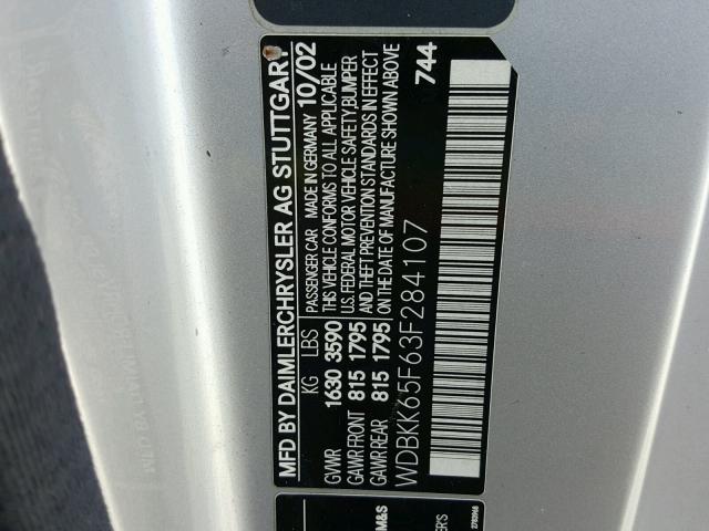 WDBKK65F63F284107 - 2003 MERCEDES-BENZ SLK 320 SILVER photo 10