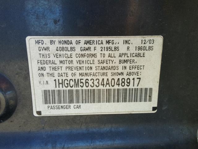 1HGCM56334A048917 - 2004 HONDA ACCORD LX BLUE photo 10