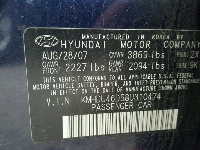 KMHDU46D58U310474 - 2008 HYUNDAI ELANTRA GL BLUE photo 10