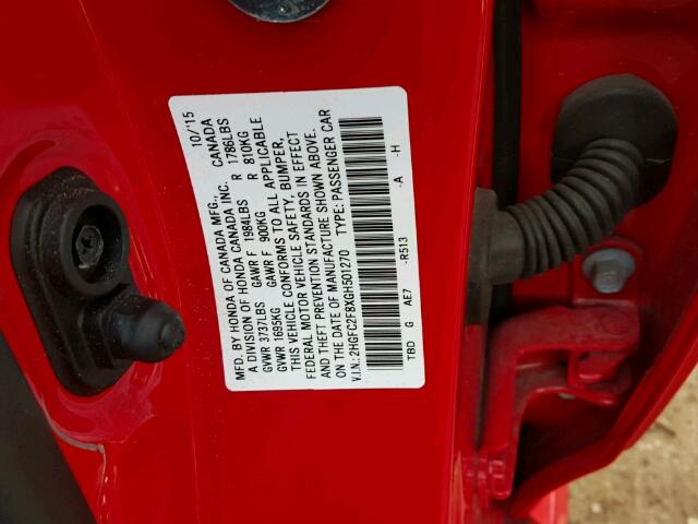 2HGFC2F8XGH501270 - 2016 HONDA CIVIC EX RED photo 10