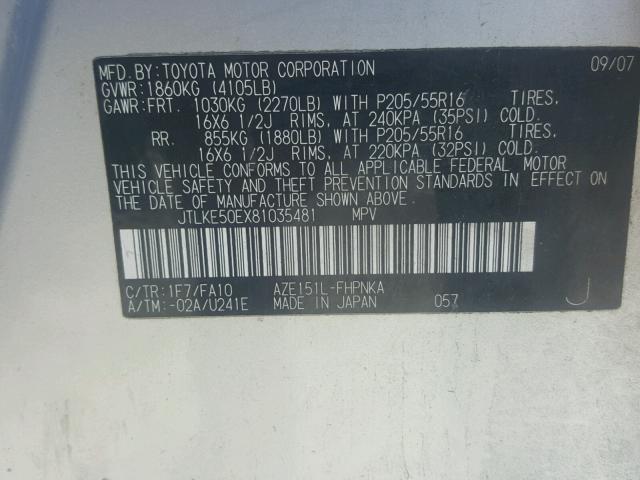 JTLKE50EX81035481 - 2008 TOYOTA SCION XB SILVER photo 10