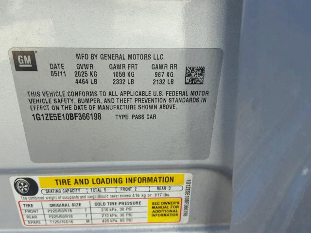 1G1ZE5E10BF366198 - 2011 CHEVROLET MALIBU LTZ SILVER photo 10