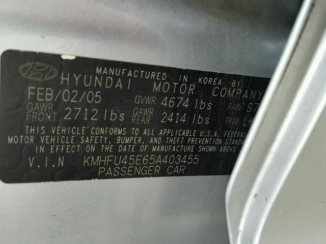 KMHFU45E65A403455 - 2005 HYUNDAI XG 350 SILVER photo 10