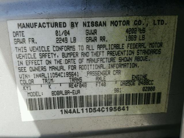 1N4AL11D54C195641 - 2004 NISSAN ALTIMA BAS SILVER photo 10