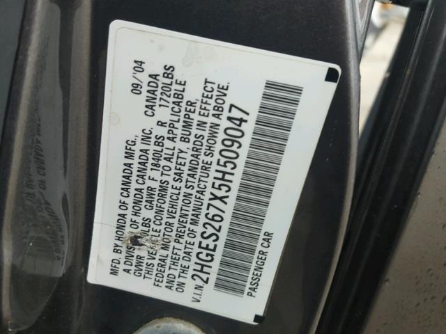 2HGES267X5H509047 - 2005 HONDA CIVIC EX ნაცრისფერი ფოტო 10