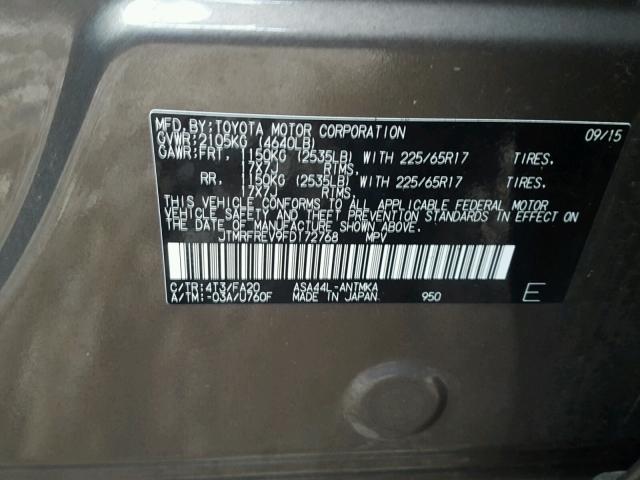 JTMRFREV9FD172768 - 2015 TOYOTA RAV4 XLE GRAY photo 10