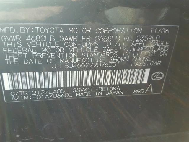 JTHBJ46G272076351 - 2007 LEXUS ES 350 BLACK photo 10