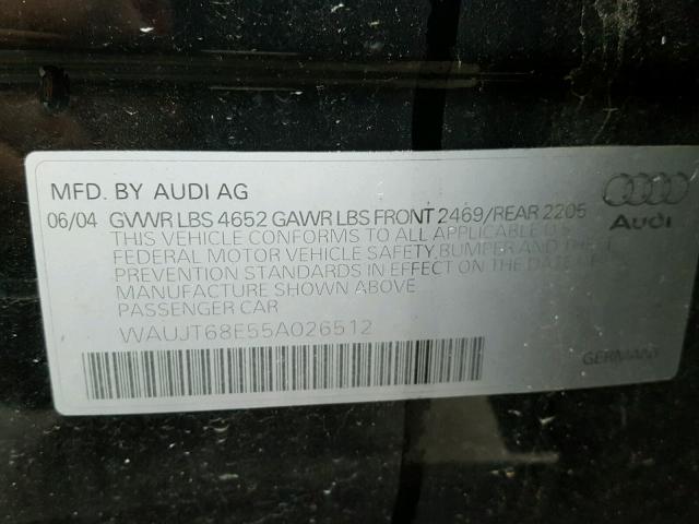 WAUJT68E55A026512 - 2005 AUDI A4 3.0 BLACK photo 10