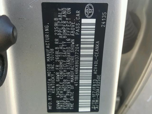 4T1BE46K89U377204 - 2009 TOYOTA CAMRY BASE SILVER photo 10