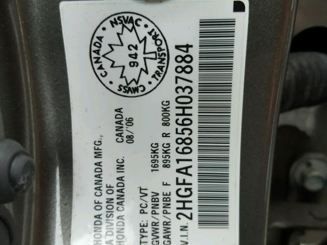 2HGFA16856H037884 - 2006 HONDA CIVIC EX ნაცრისფერი ფოტო 10