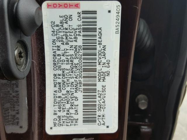 JTHBF30G520062758 - 2002 LEXUS ES 300 BURGUNDY photo 10