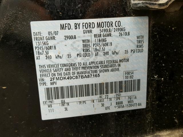 2FMDK49C87BA87165 - 2007 FORD EDGE SEL P BLACK photo 10