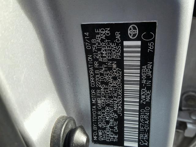 JTDKN3DU6E0390327 - 2014 TOYOTA PRIUS SILVER photo 10