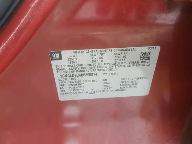 2CNALDEC4B6395814 - 2011 CHEVROLET EQUINOX LT RED photo 10