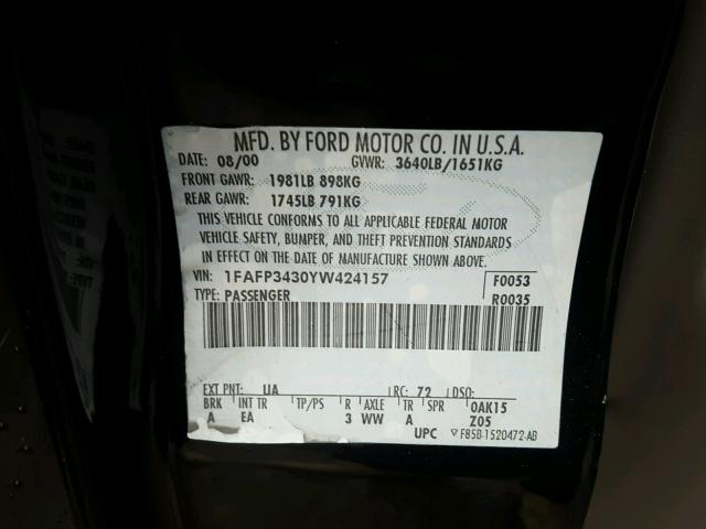 1FAFP3430YW424157 - 2000 FORD FOCUS SE BLACK photo 10