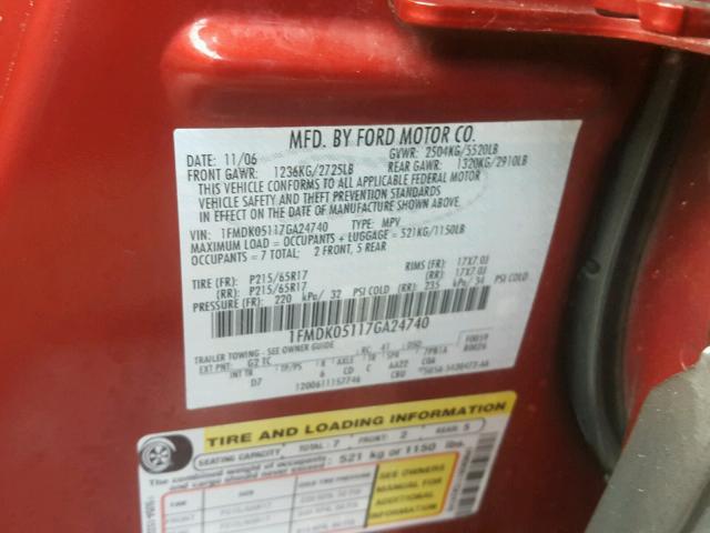 1FMDK05117GA24740 - 2007 FORD FREESTYLE RED photo 10