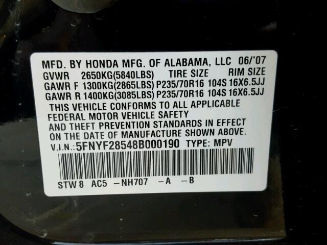 5FNYF28548B000190 - 2008 HONDA PILOT EXL BLACK photo 10