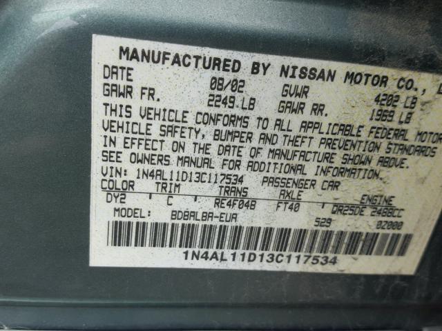 1N4AL11D13C117534 - 2003 NISSAN ALTIMA BAS GREEN photo 10