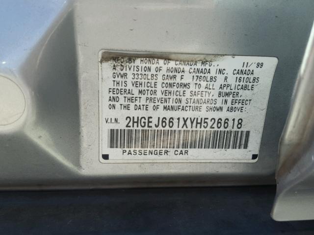 2HGEJ661XYH526618 - 2000 HONDA CIVIC BASE SILVER photo 10