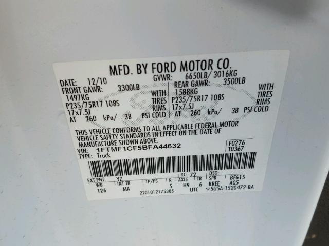 1FTMF1CF5BFA44632 - 2011 FORD F150 WHITE photo 10