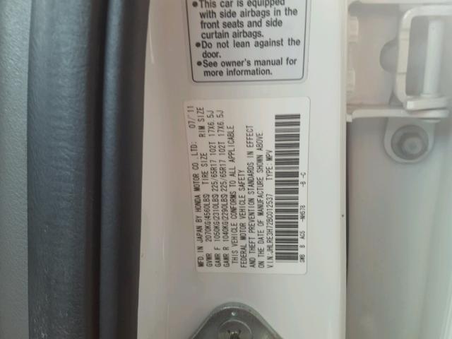 JHLRE3H72BC012537 - 2011 HONDA CR-V EXL WHITE photo 10