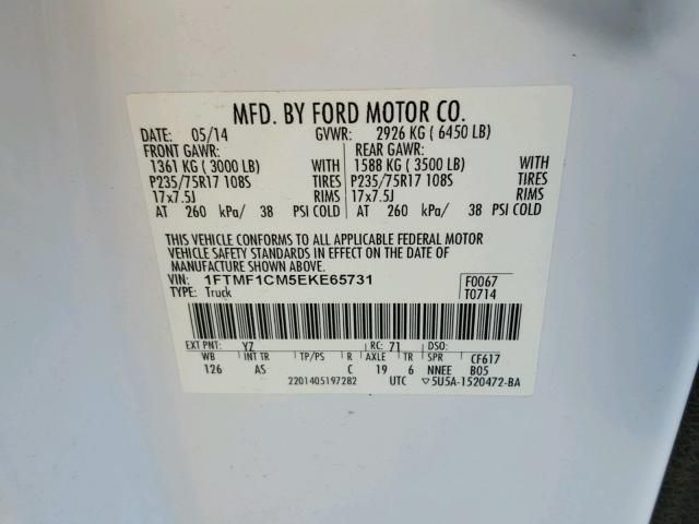 1FTMF1CM5EKE65731 - 2014 FORD F150 WHITE photo 10