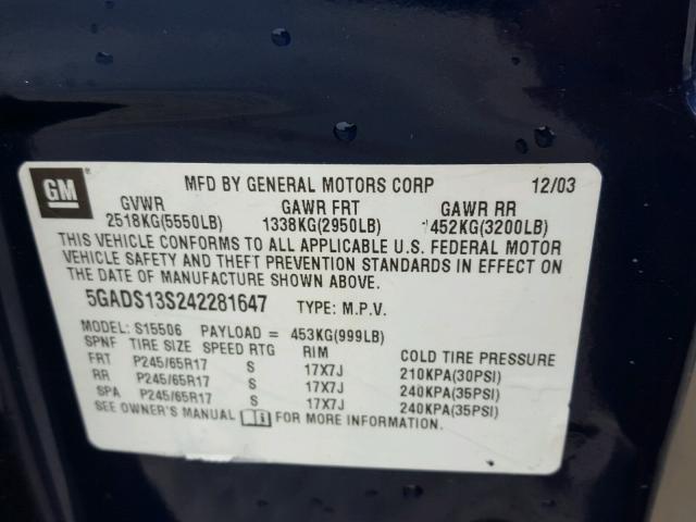 5GADS13S242281647 - 2004 BUICK RAINIER CX BLUE photo 10