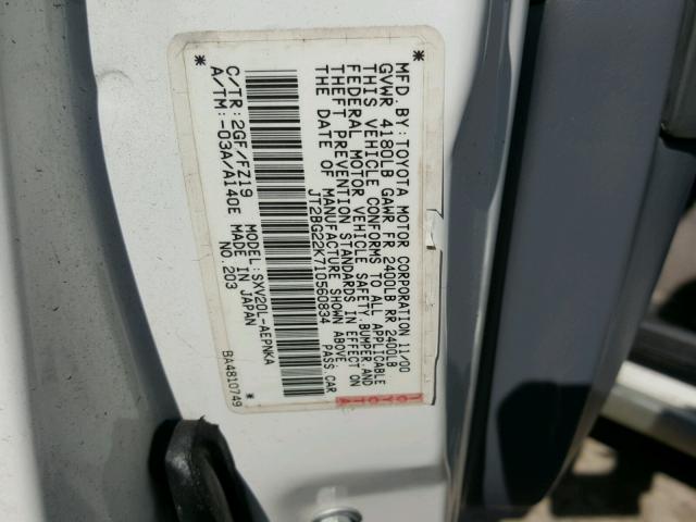 JT2BG22K710560834 - 2001 TOYOTA CAMRY CE WHITE photo 10