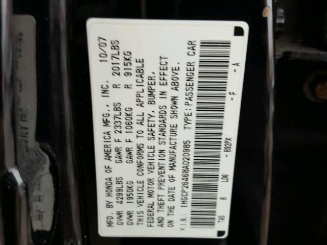 1HGCP26468A020985 - 2008 HONDA ACCORD LXP BLACK photo 10