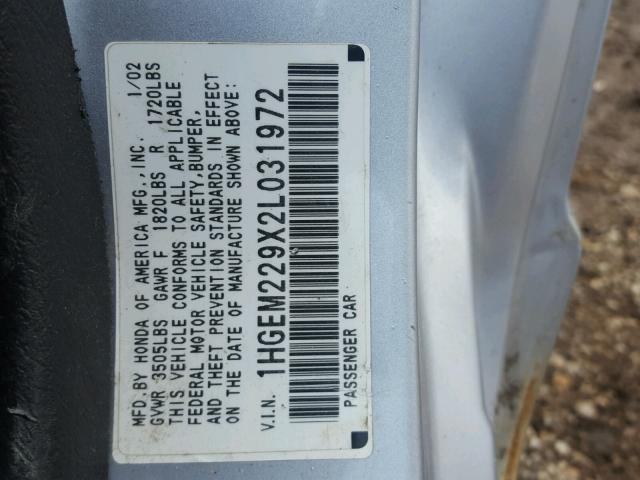 1HGEM229X2L031972 - 2002 HONDA CIVIC EX ვერცხლისფერი ფოტო 10