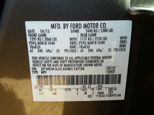 2FMDK3JC3DBC12736 - 2013 FORD EDGE SEL BROWN photo 10