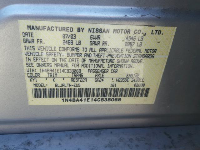 1N4BA41E14C838068 - 2004 NISSAN MAXIMA SE SILVER photo 10