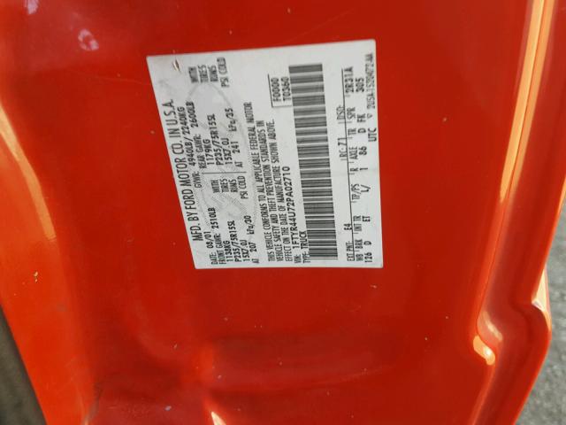 1FTYR44U72PA02710 - 2002 FORD RANGER SUP RED photo 10