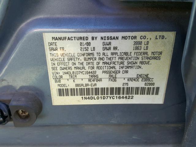 1N4DL01D7YC164422 - 2000 NISSAN ALTIMA XE BLUE photo 10