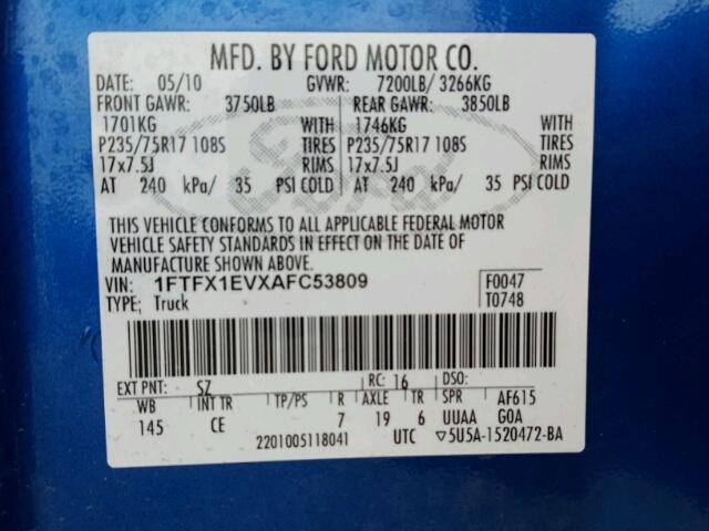 1FTFX1EVXAFC53809 - 2010 FORD F150 SUPER BLUE photo 10