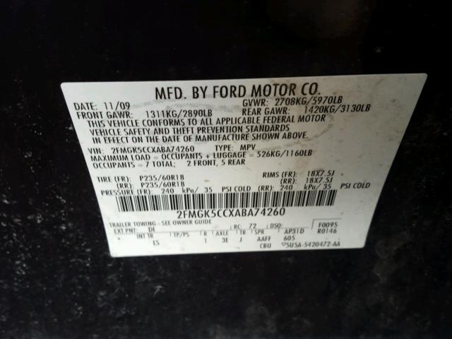 2FMGK5CCXABA74260 - 2010 FORD FLEX SEL ლურჯი ფოტო 10