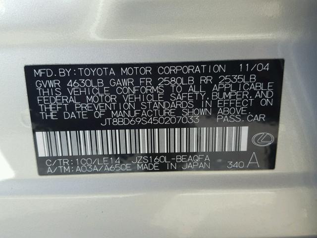 JT8BD69S450207033 - 2005 LEXUS GS 300 SILVER photo 10