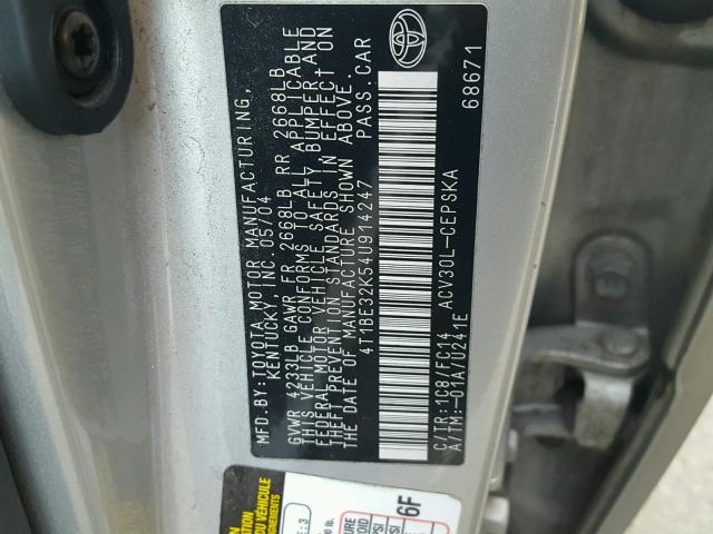 4T1BE32K54U914247 - 2004 TOYOTA CAMRY LE SILVER photo 10