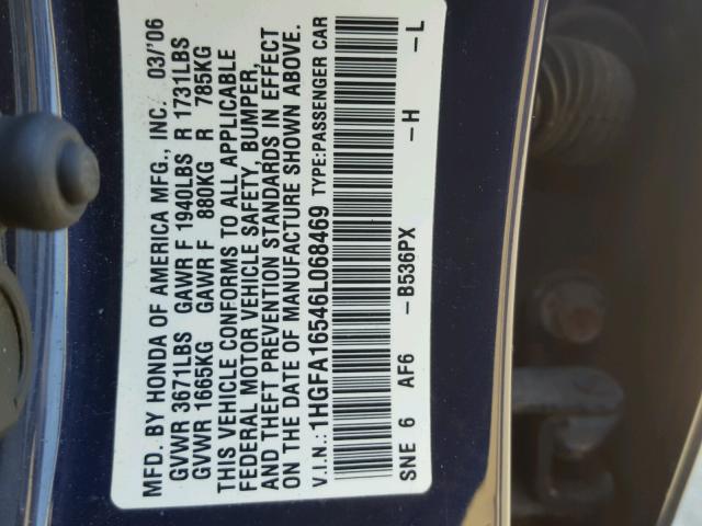 1HGFA16546L068469 - 2006 HONDA CIVIC LX BLUE photo 10