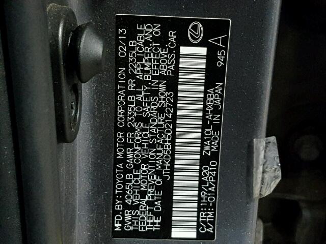 JTHKD5BH5D2142723 - 2013 LEXUS CT 200 GRAY photo 10