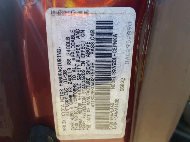 4T1BG28K0WU275838 - 1998 TOYOTA CAMRY CE BURGUNDY photo 10