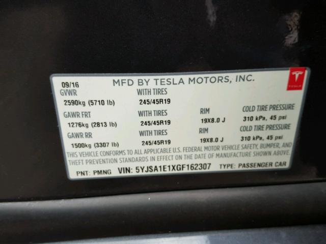 5YJSA1E1XGF162307 - 2016 TESLA MODEL S Սև լուսանկար 10