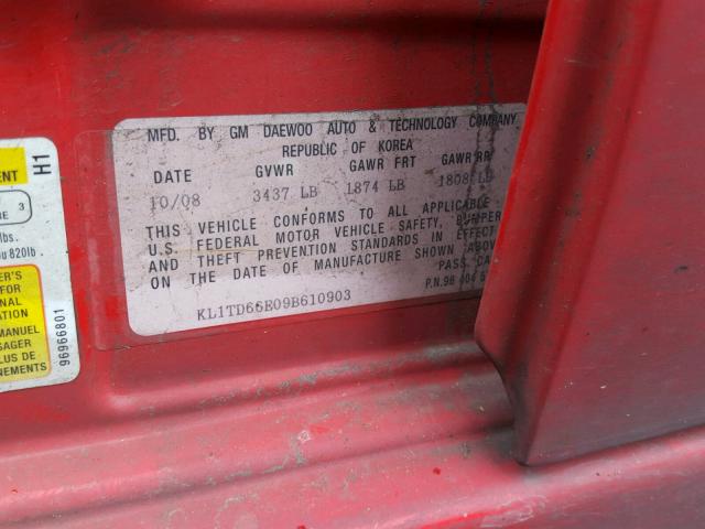 KL1TD66E09B610903 - 2009 CHEVROLET AVEO LS 红色 照片 10